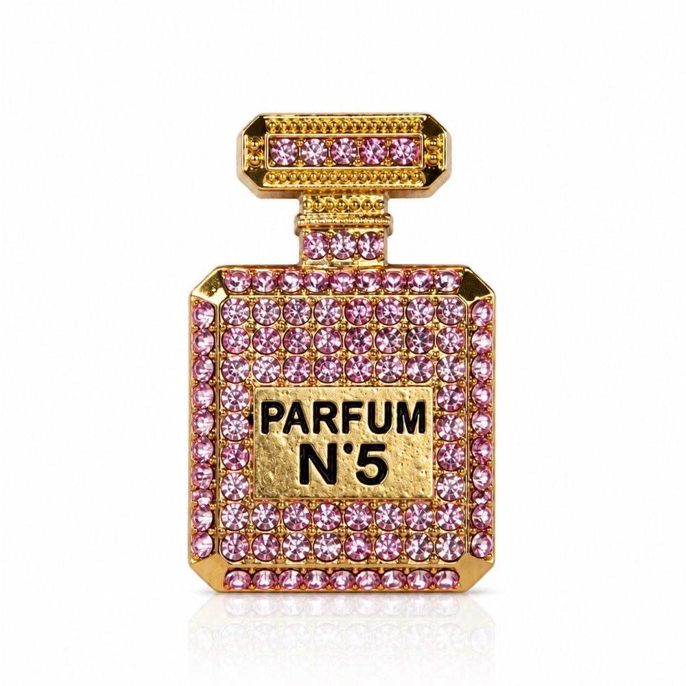 Parfum N°5 Pink Crystal Bottle Brooch - Gold Tone